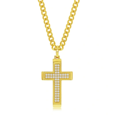 Blackjack Mens Stainless Steel Cz Cross Necklace - Gold Plated In White