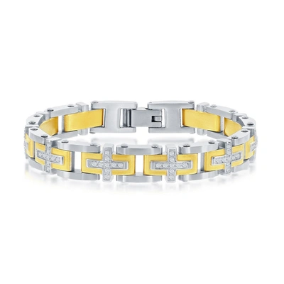 Blackjack Mens Stainless Steel Two-tone Cz Cross Link Bracelet In Gold