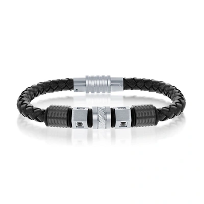 Blackjack Black & Silver Stainless Steel W/ Black Cz Genuine Leather Bracelet In White
