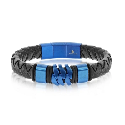 Blackjack Mens Blue Stainless Steel Genuine Black Leather Bracelet