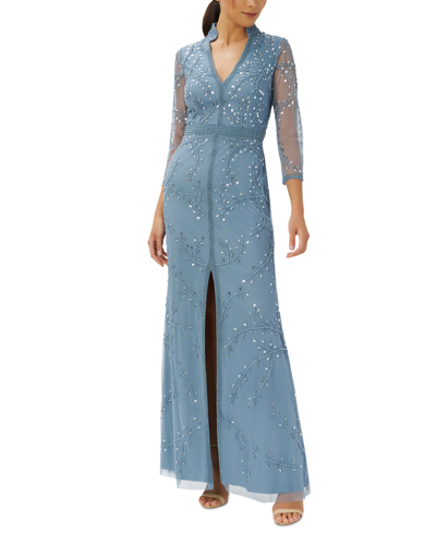 Adrianna Papell Petite Collared Beaded 3/4-sleeve Gown In Vintage Blue