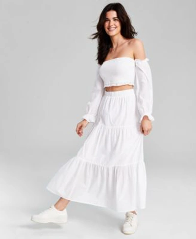 And Now This Now This Womens Cotton Off The Shoulder Smocked Top Tiered Pull On Maxi Skirt In White