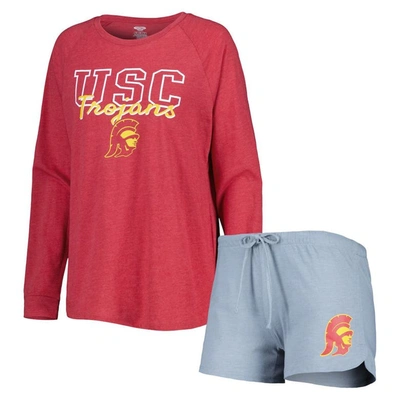 Concepts Sport Women's  Cardinal, Gray Usc Trojans Raglan Long Sleeve T-shirt And Shorts Sleep Set In Cardinal,gray