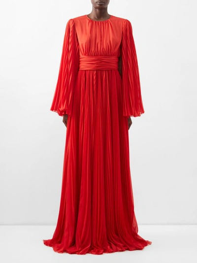 Dolce & Gabbana Slit-sleeved Pleated Gown In Rosso Lampone