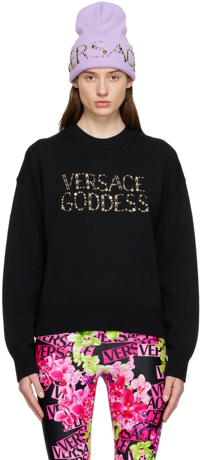 Versace Gem-embellishment Logo Knit Sweater In Black