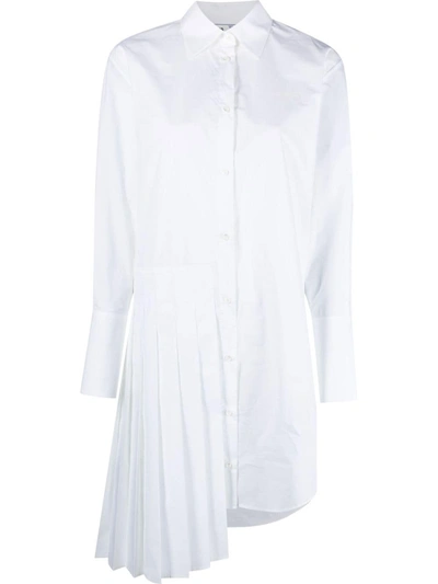 Off-white Asymmetric Pleated Long-sleeved Shirt Dress In White