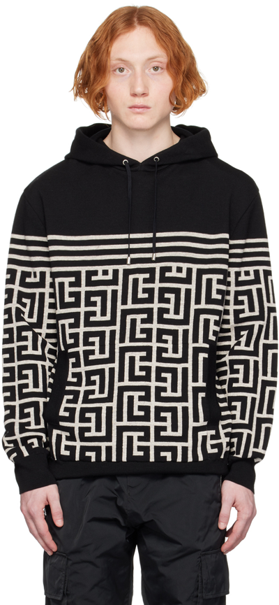 Balmain Black Hoodie With Monogram And Stripes In Wool And Linen Man In Nero