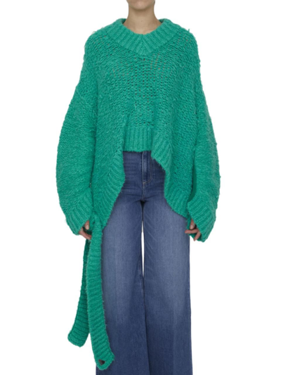 Attico Asymmetric Knitted Sweater In Green