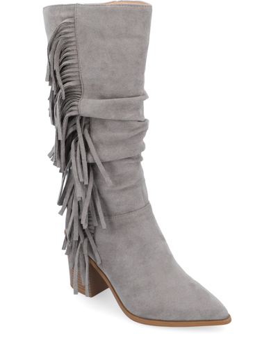 Journee Collection Women's Hartly Extra Wide Calf Western Fringe Boots In Gray