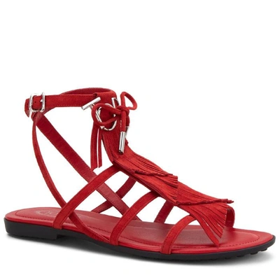 Tod's Fringed Suede Sandals In Red