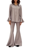 Sleeper Bell-sleeve Shimmer Flare Pajama Set In Silver