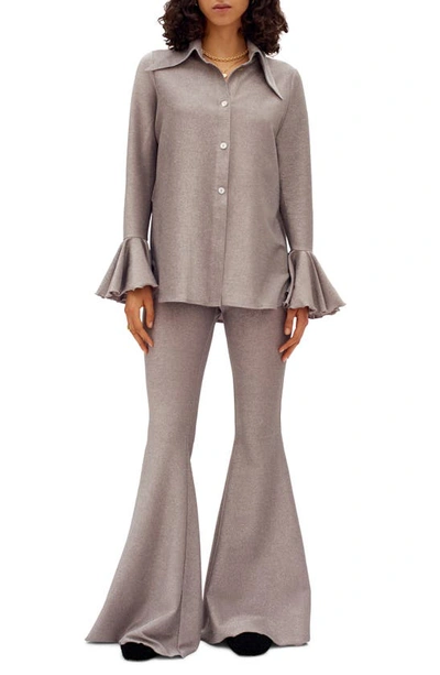 Sleeper Bell-sleeve Shimmer Flare Pajama Set In Silver