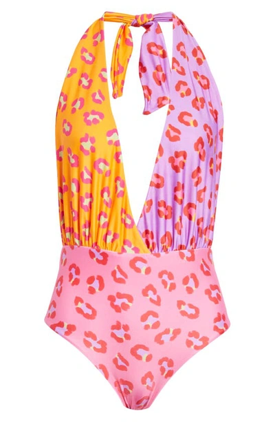 Farm Rio Leopard Patch Halter One-piece Swimsuit In Pink