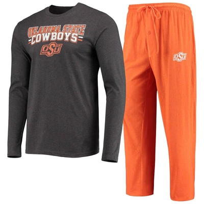 Concepts Sport Orange/heathered Charcoal Oklahoma State Cowboys Meter Long Sleeve T-shirt & Pants Sl In Orange,heathered Charcoal