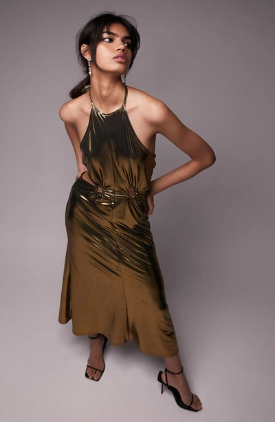 Topshop Cutout Halter Neck Metallic Midi Dress In Gold