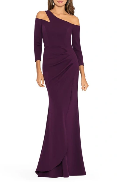 Xscape Off The Shoulder Three-quarter Sleeve Scuba Gown In Mulberry