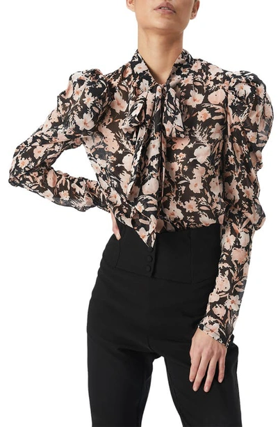 Bardot Amielie Floral Puff Sleeve Tie Neck Blouse In Apricot Floral