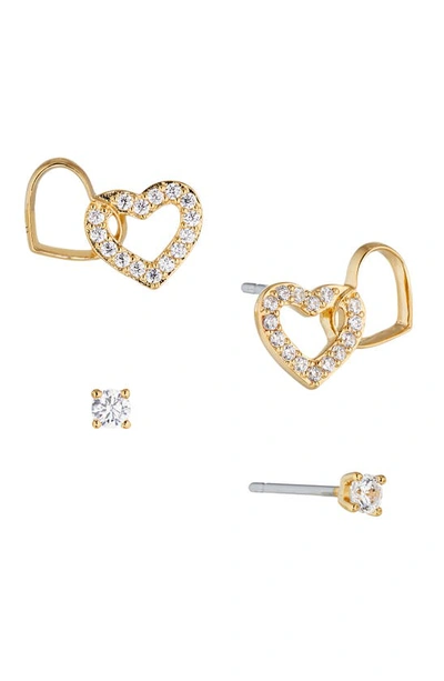 Nadri Heartbreaker Cubic Zirconia Double Heart & Solitaire Stud Earrings, Set Of 2 In White/gold