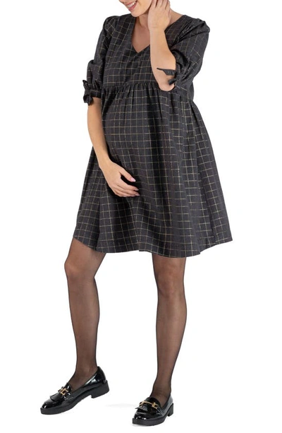 Cache Coeur Janis Windowpane Plaid Tie Sleeve Maternity/nursing Dress In Grey