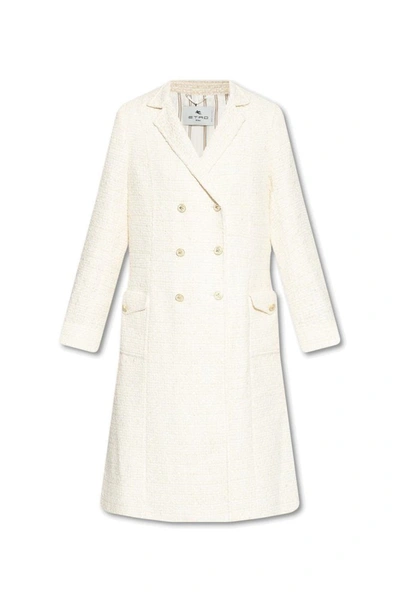 Etro Double Breasted Tweed Coat In White