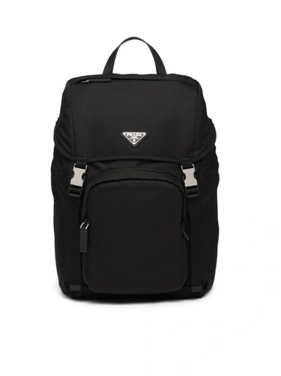 Prada Logo Plaque Buckle Fastening Backpack In Black