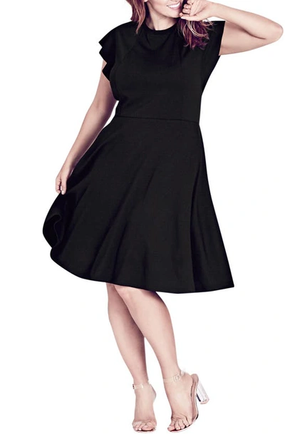 City Chic Frill Sleeve Fit & Flare Dress In Black