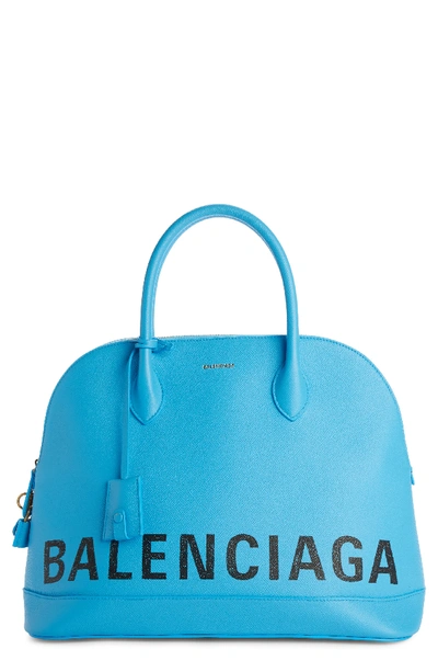 Balenciaga Medium Logo Leather Satchel With Water Repellent Coat - Blue In Blue Leopard