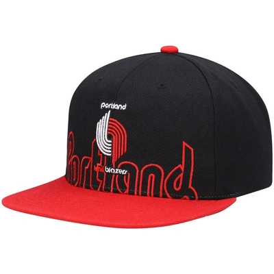 Mitchell & Ness Men's  Black, Red Portland Trail Blazers Hardwood Classics Low Big Face Snapback Hat In Black,red