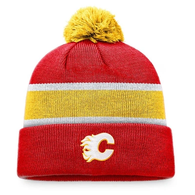 Fanatics Branded Red/yellow Calgary Flames Breakaway Cuffed Knit Hat With Pom In Red,yellow
