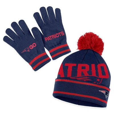Wear By Erin Andrews Navy New England Patriots Double Jacquard Cuffed Knit Hat With Pom And Gloves