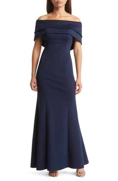Vince Camuto Off The Shoulder Double Collar Organza Gown In Navy
