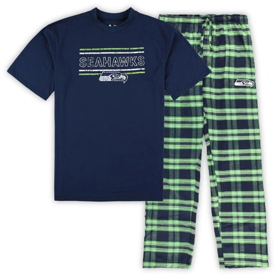 Concepts Sport Men's  College Navy, Neon Green Seattle Seahawks Big And Tall Flannel Sleep Set In Navy,neon Green
