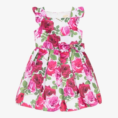 David Charles Babies' Girls White & Pink Rose Satin Dress