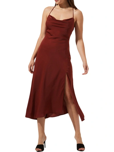 Astr Gaia Cowl Neck Satin Dress In Brown