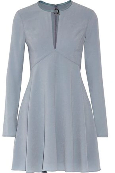 Halston Heritage Leather-trimmed Pleated Crepe Mini Dress In Sky Blue