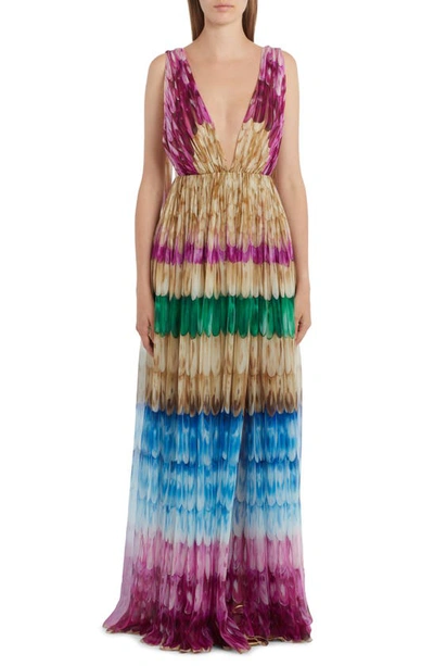 Valentino Multicolor Golden Wings Draped Chiffon Gown