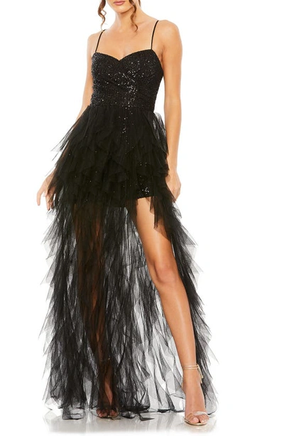 Mac Duggal Women's Ieena Sequin Mini Dress With High Low Ruffle Tiered Train In Black