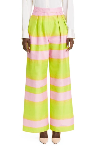 Brandon Maxwell Neon Stripe Pleated Wide Leg Cotton Silk