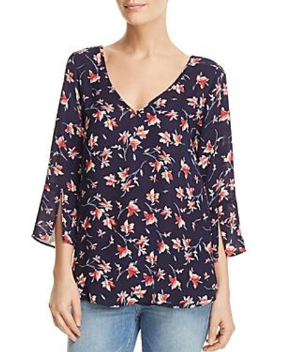 Status By Chenault Floral Print Tie Back Top In Navy/coral