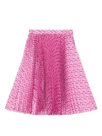 Versace Kids' Greca-print Pleated Skirt In Fuchsia