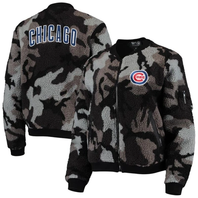 The Wild Collective Black Chicago Cubs Camo Sherpa Full-zip Bomber Jacket