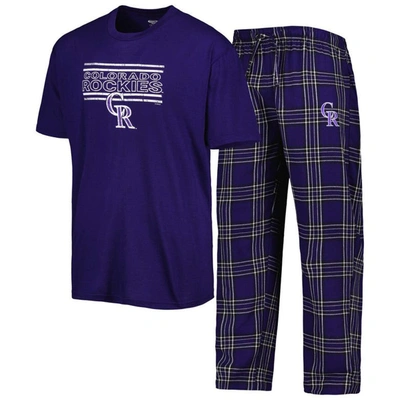 Concepts Sport Men's  Purple, Black Distressed Colorado Rockies Badge T-shirt And Pants Sleep Set In Purple,black