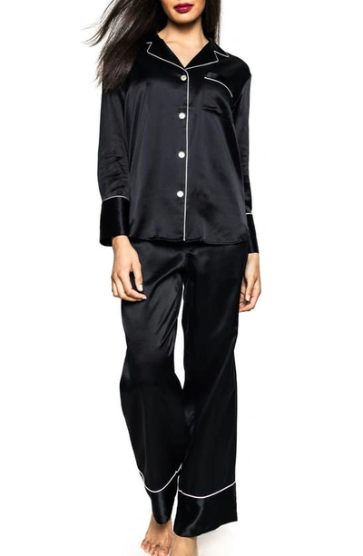 Petite Plume Contrast Piping Silk Pajamas In Black