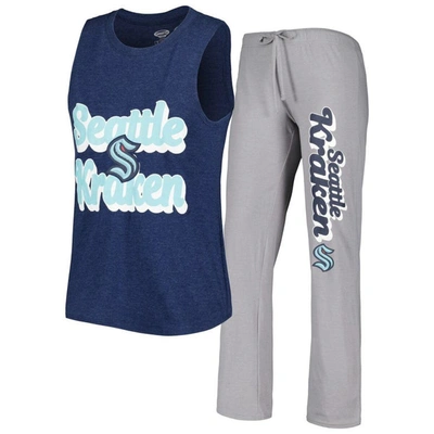 Concepts Sport Women's  Deep Sea Blue, Gray Seattle Kraken Meter Muscle Tank Top And Pants Sleep Set In Deep Sea Blue,gray