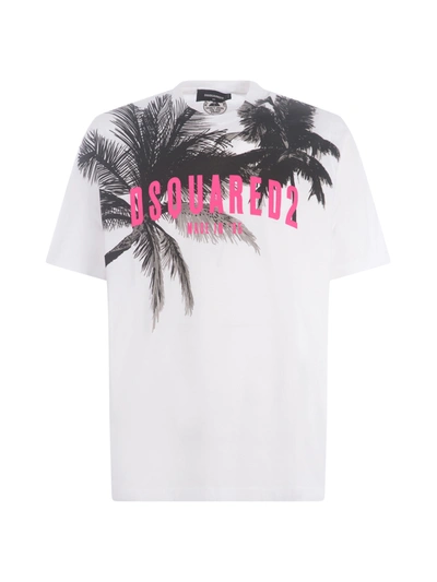 Dsquared2 White Crewneck T-shirt With Palms Logo Print In Cotton Jersey Man D-squared2