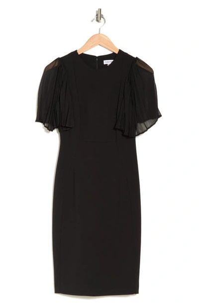 Calvin Klein Pleated Chiffon Sleeve Sheath Dress In Black