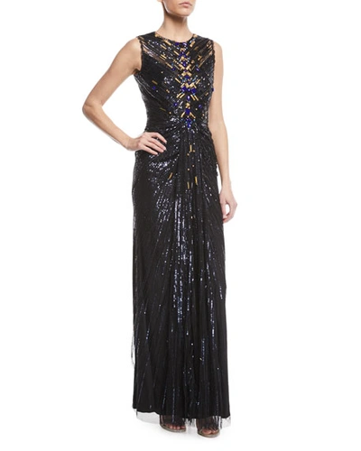 Jenny Packham Sleeveless Sequin Column Evening Gown With Golden Embellishments In Black/blue
