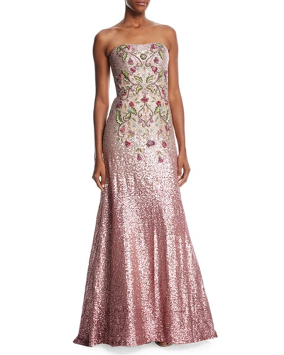 Theia Strapless Ombr&eacute; Sequin Gown W/ Beaded Bodice In Peony