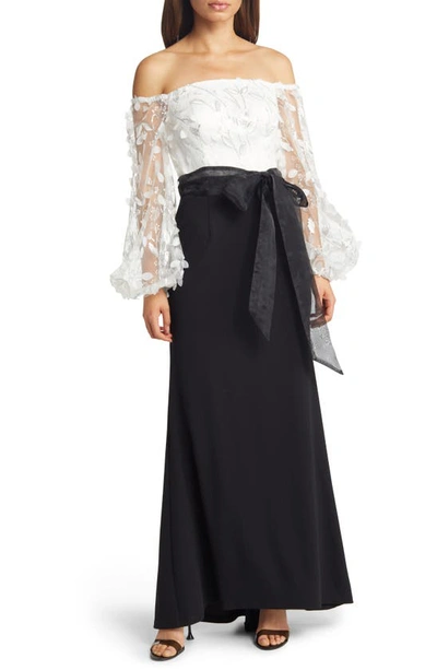 Eliza J Floating Petals Off The Shoulder Gown In White/ Black