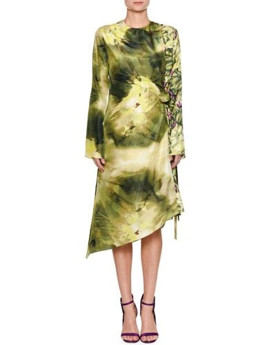 Msgm Long-sleeve Mixed-print Asymmetric Silk Dress In Multi Pattern
